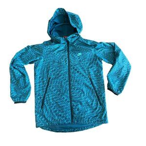 Nike Womens Windbreaker Jacket Size Medium Green Hooded Long Sleeves Patterned